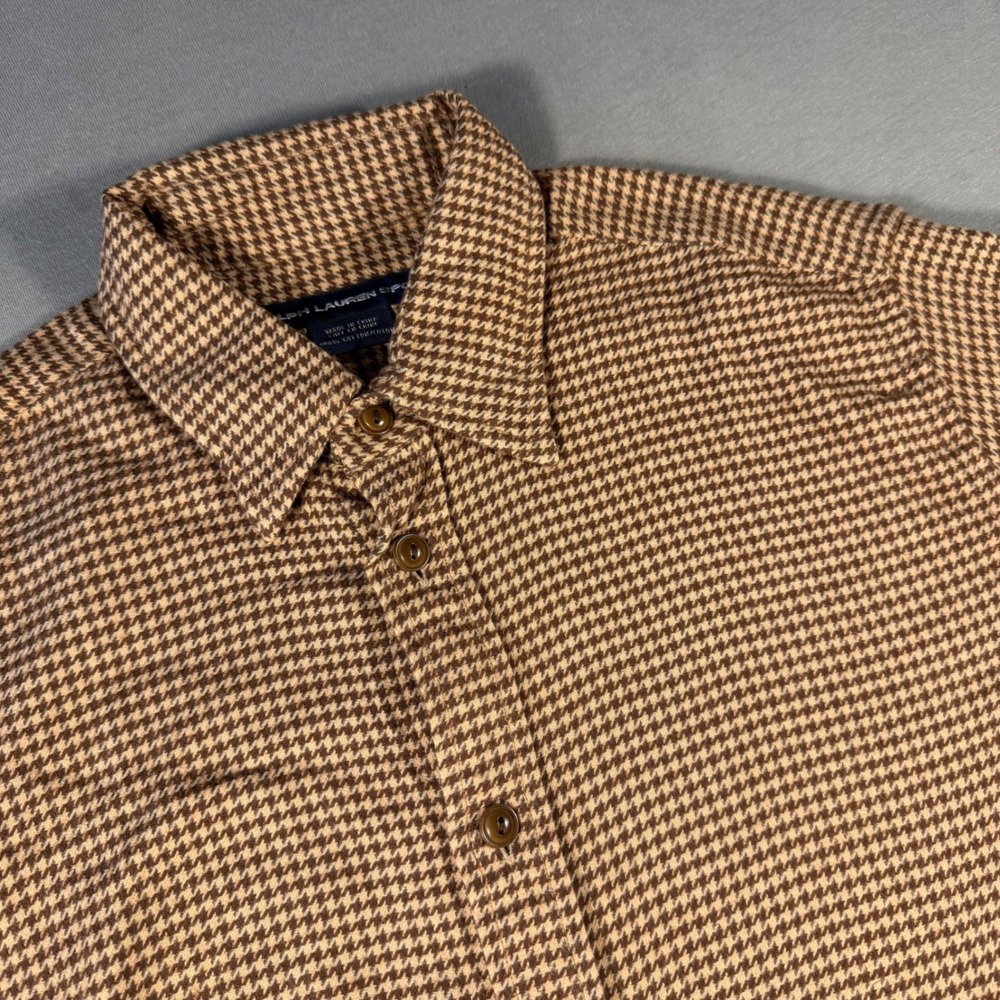 Ralph Lauren Sport Womens 8 Brown Houndstooth Cotton Shirt Elbow Patches